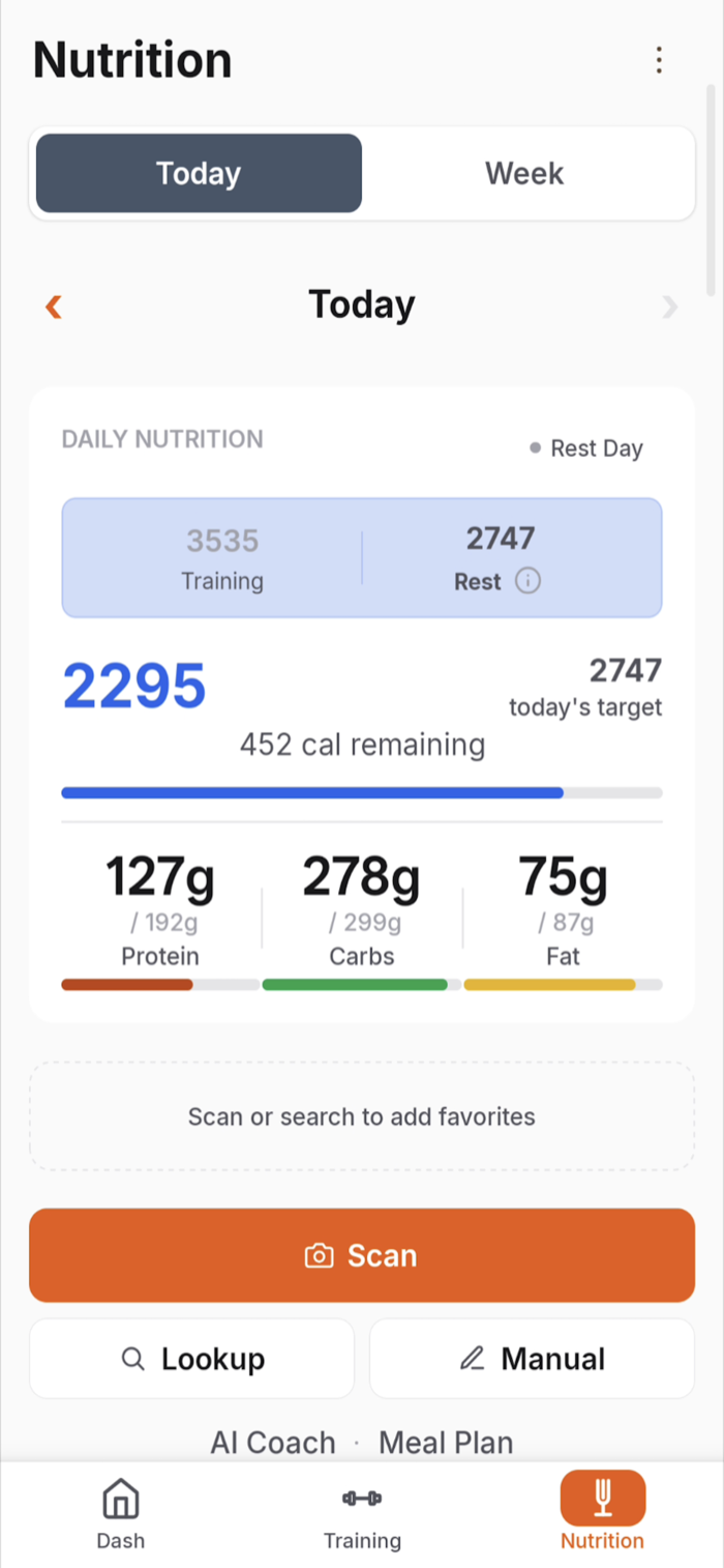 BiLT nutrition screen with calories and macros